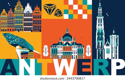 Typography word "Antwerp" branding technology concept. Collection of flat vector web icons. Culture travel set, famous architectures, specialties detailed silhouette. Belgium famous landmark