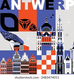 Typography word "Antwerp" branding technology concept. Collection of flat vector web icons. Culture travel set, famous architectures, specialties detailed silhouette. Belgium famous landmark