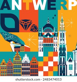 Typografie-Wort "Antwerpen" Branding-Technologie Konzept. Kollektion von Websymbolen mit ebener Vektorgrafik. Kultur Reise-Set, berühmte Architekturen, Spezialitäten detaillierte Silhouette. Belgisches berühmtes Wahrzeichen