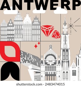 Typografie-Wort "Antwerpen" Branding-Technologie Konzept. Kollektion von Websymbolen mit ebener Vektorgrafik. Kultur Reise-Set, berühmte Architekturen, Spezialitäten detaillierte Silhouette. Belgisches berühmtes Wahrzeichen