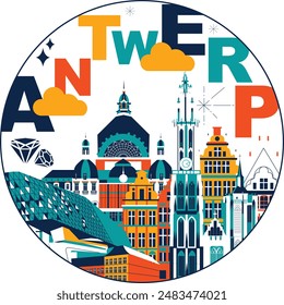 Typography word "Antwerp" branding technology concept. Collection of flat vector web icons. Culture travel set, famous architectures, specialties detailed silhouette. Belgium famous landmark