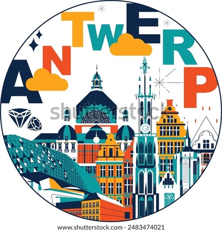 Typography word "Antwerp" branding technology concept. Collection of flat vector web icons. Culture travel set, famous architectures, specialties detailed silhouette. Belgium famous landmark