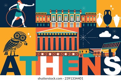 Typography word "Athens" branding technology concept. Collection of flat vector web icons. Culture travel set, famous architectures, specialties detailed silhouette. Greece famous landmark