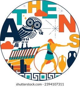 Typography word "Athens" branding technology concept. Collection of flat vector web icons. Culture travel set, famous architectures, specialties detailed silhouette. Greece famous landmark