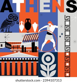 Typography word "Athens" branding technology concept. Collection of flat vector web icons. Culture travel set, famous architectures, specialties detailed silhouette. Greece famous landmark