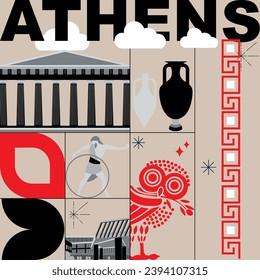 Typography word "Athens" branding technology concept. Collection of flat vector web icons. Culture travel set, famous architectures, specialties detailed silhouette. Greece famous landmark