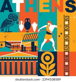 Typography word "Athens" branding technology concept. Collection of flat vector web icons. Culture travel set, famous architectures, specialties detailed silhouette. Greece famous landmark