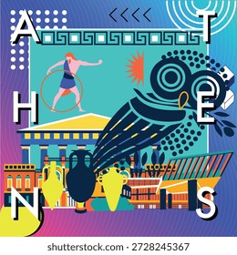Tipografía palabra "Atenas" concepto de tecnología de marca. Colección de iconos planos de la web del Vector. Conjunto de viaje de la cultura, arquitecturas famosas de Memphis, especialidades silueta detallada. Grecia Lugar famoso famoso