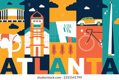 Typography word Atlanta branding technology concept. Collection of flat vector web icons. American culture travel set, architectures, specialties detailed silhouette. Doodle famous landmarks.