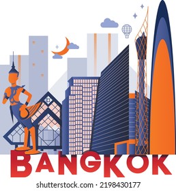 Typography word "Bangkok" branding technology concept. Collection of flat vector web icons. Bangkok culture travel set, famous architectures and specialties detailed silhouette. Asian famous landmark.