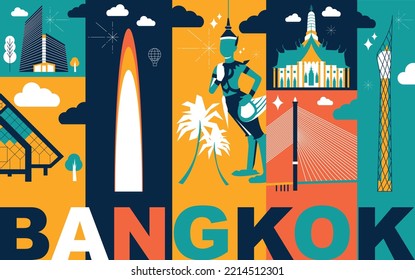 Typography word Bangkok branding technology concept. Collection of flat vector web icons. Culture travel set, famous architectures, specialties silhouette. Thai famous landmark, split video screen