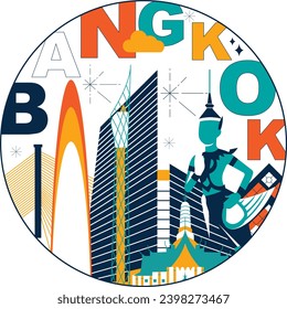 Tipografía palabra concepto de tecnología de marca de Bangkok. Colección de iconos web vectoriales planos. Establecimiento de viajes culturales, famosas arquitecturas, silueta de especialidades. Famoso punto de referencia tailandés, pantalla de video partida