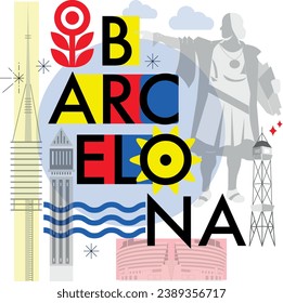 Typography word Barcelona branding technology concept. Collection of flat vector web icons. Catalonia culture travel set, famous architectures, specialties detailed silhouette European famous landmark