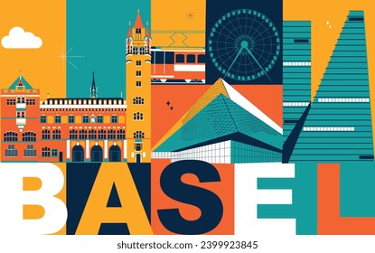 Typography word "Basel" branding technology concept. Collection of flat vector web icons. Culture travel set, famous architectures, specialties detailed silhouette. Switzerland famous landmark