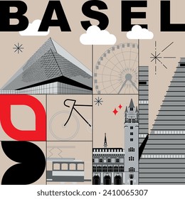 Typography word "Basel" branding technology concept. Collection of flat vector web icons. Culture travel set, famous architectures, specialties detailed silhouette. Switzerland famous landmark	
