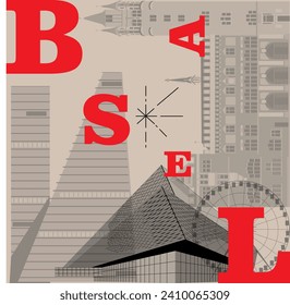 Tipografía palabra "Basilea" concepto de tecnología de marca. Colección de iconos web vectoriales planos. Juego de viajes culturales, famosas arquitecturas, especialidades y silueta detallada. Famoso punto de referencia de Suiza	
