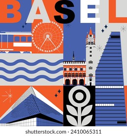 Typography word "Basel" branding technology concept. Collection of flat vector web icons. Culture travel set, famous architectures, specialties detailed silhouette. Switzerland famous landmark	
