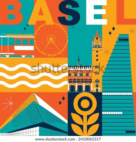 Typography word "Basel" branding technology concept. Collection of flat vector web icons. Culture travel set, famous architectures, specialties detailed silhouette. Switzerland famous landmark	

