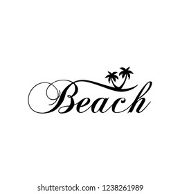 Typography, word beach with wave and palms