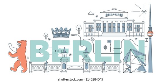 Typography word "Berlin" branding technology concept. Collection of flat vector web icons. Germany culture travel set, famous architectures, specialties detailed silhouette. European famous landmark.