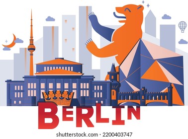 Typografie Wort "Berlin" Branding Technologie Konzept. Sammlung von flachen Vektorgrafiken im Web. Deutschland Kulturreisebesatz, berühmte Architekturen, Spezialitäten detaillierte Silhouette. Europas berühmtes Wahrzeichen.