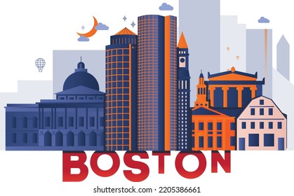 Typografía palabra Boston branding concepto de tecnología. Colección de iconos web vectoriales planos. juego de viajes de cultura americana, arquitectura, especialidades de silueta detallada. Lugares famosos de Doodle.