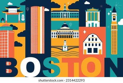 Typography word Boston branding technology concept. Collection of flat vector web icons. American culture travel set, architectures, specialties detailed silhouette. Doodle famous landmarks.