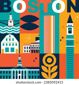 Typography word Boston branding technology concept. Collection of flat vector web icons. American culture travel set, architectures, specialties detailed silhouette. Doodle famous landmarks.