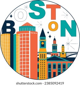 Typografía palabra Boston branding concepto de tecnología. Colección de iconos web vectoriales planos. juego de viajes de cultura americana, arquitectura, especialidades de silueta detallada. Lugares famosos de Doodle.