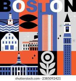 Typography word Boston branding technology concept. Collection of flat vector web icons. American culture travel set, architectures, specialties detailed silhouette. Doodle famous landmarks.