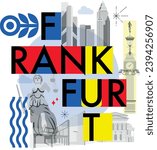 Typography word “Frankfurt” branding technology concept. Collection of flat vector web icons. Culture travel set, famous architectures, specialties detailed silhouette. German famous landmark