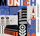 Typography word “Munich” branding technology concept. Collection of flat vector web icons. Culture travel set, famous architectures, specialties detailed silhouette. German famous landmark	