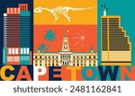 Typography word “Capetown” branding technology concept. Collection of flat vector web icons. Culture travel set, famous architectures, specialties detailed silhouette. SAR African famous landmark