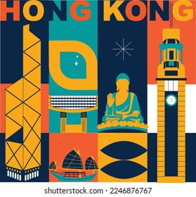 Typography word “Hong Kong” branding technology concept. Collection of flat vector web icons. Chines culture travel set, famous architectures and specialties detailed silhouette. Asian famous landmark