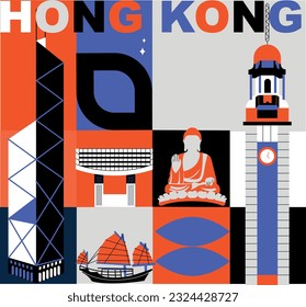 Typography word “Hong Kong” branding technology concept. Collection of flat vector web icons. Chines culture travel set, famous architectures and specialties detailed silhouette. Asian famous landmark