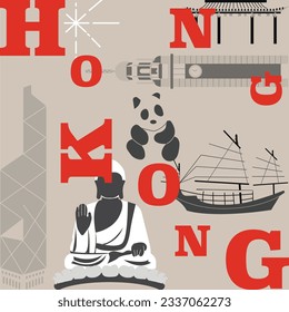 Typography word “Hong Kong” branding technology concept. Collection of flat vector web icons. Chines culture travel set, famous architectures and specialties detailed silhouette. Asian famous landmark