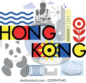 Typography word “Hong Kong” branding technology concept. Collection of flat vector web icons. Chines culture travel set, famous architectures and specialties detailed silhouette. Asian famous landmark