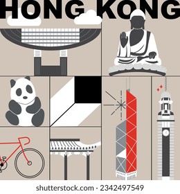 Typography word “Hong Kong” branding technology concept. Collection of flat vector web icons. Chines culture travel set, famous architectures and specialties detailed silhouette. Asian famous landmark