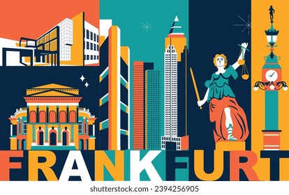 Typografie Wort "Frankfurt" Branding Technologie Konzept. Sammlung von flachen Vektorgrafiken im Web. Kulturreiseangebot, berühmte Architekturen, Spezialitäten detaillierte Silhouette. Deutsches Wahrzeichen