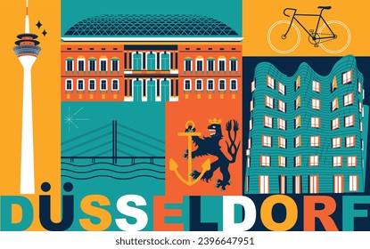 Typografie Wort "Dusseldorf" Branding Technologie Konzept. Sammlung von flachen Vektorgrafiken im Web. Kulturreiseangebot, berühmte Architekturen, Spezialitäten detaillierte Silhouette. Deutsches Wahrzeichen