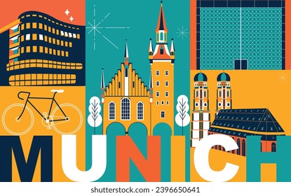 Typography word “Munich” branding technology concept. Collection of flat vector web icons. Culture travel set, famous architectures, specialties detailed silhouette. German famous landmark