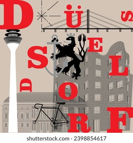 Typography word “Dusseldorf” branding technology concept. Collection of flat vector web icons. Culture travel set, famous architectures, specialties detailed silhouette. German famous landmark