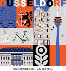 Typography word “Dusseldorf” branding technology concept. Collection of flat vector web icons. Culture travel set, famous architectures, specialties detailed silhouette. German famous landmark