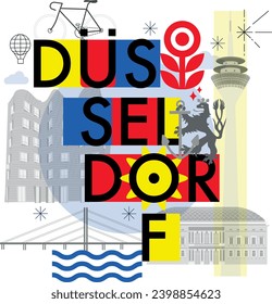 Typography word “Dusseldorf” branding technology concept. Collection of flat vector web icons. Culture travel set, famous architectures, specialties detailed silhouette. German famous landmark