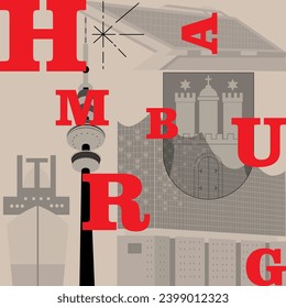 Typography word “Hamburg” branding technology concept. Collection of flat vector web icons. Culture travel set, famous architectures, specialties detailed silhouette. German famous landmark