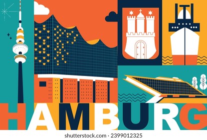 Typography word “Hamburg” branding technology concept. Collection of flat vector web icons. Culture travel set, famous architectures, specialties detailed silhouette. German famous landmark