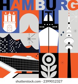 Typography word “Hamburg” branding technology concept. Collection of flat vector web icons. Culture travel set, famous architectures, specialties detailed silhouette. German famous landmark