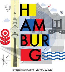 Typography word “Hamburg” branding technology concept. Collection of flat vector web icons. Culture travel set, famous architectures, specialties detailed silhouette. German famous landmark