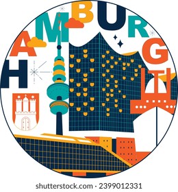 Typography word “Hamburg” branding technology concept. Collection of flat vector web icons. Culture travel set, famous architectures, specialties detailed silhouette. German famous landmark