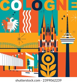 Typography word “Cologne” branding technology concept. Collection of flat vector web icons. Culture travel set, famous architectures, specialties detailed silhouette. German famous landmark